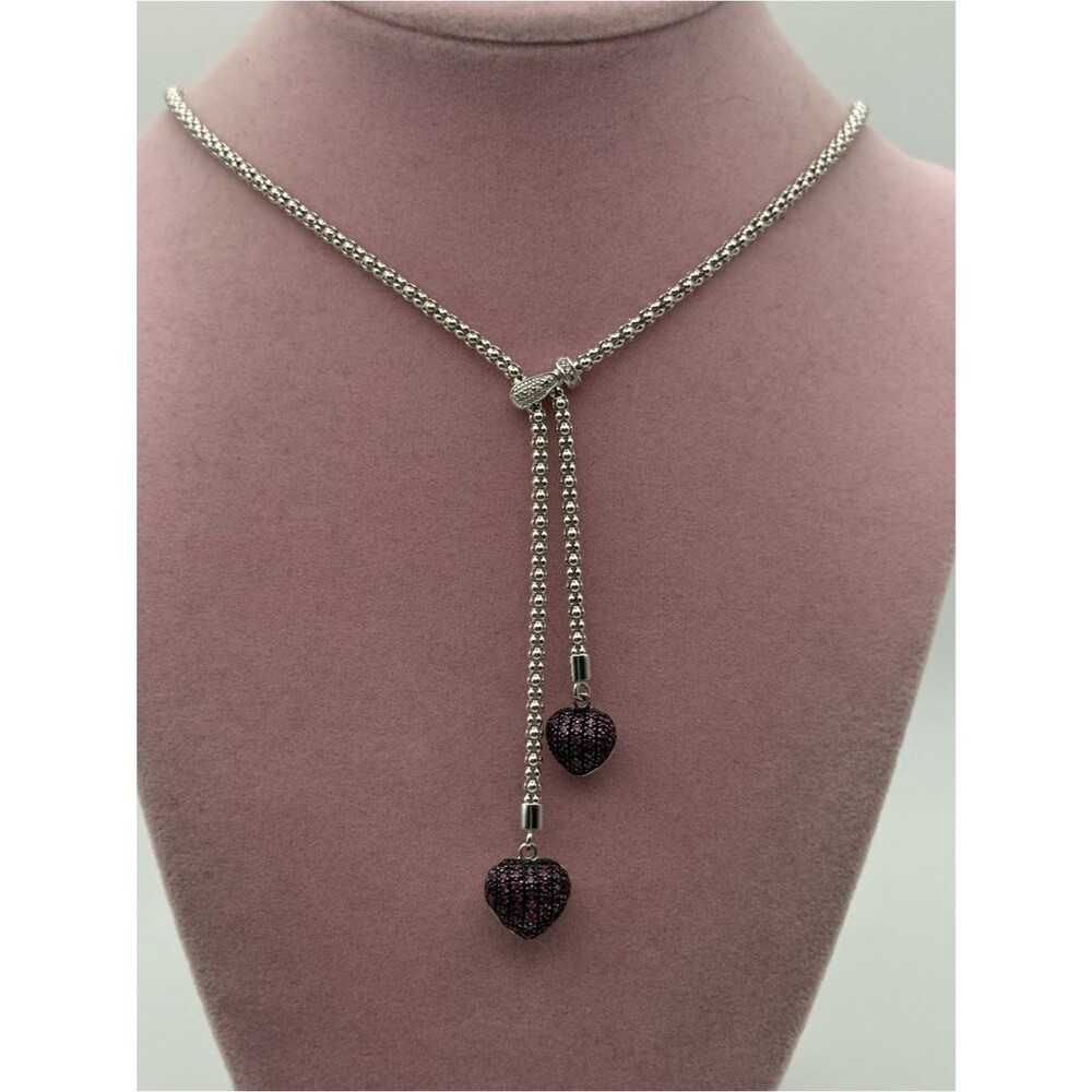 OTC Thailand STERLING SILVER LAVALIER HEART NECKLACE WITH DIAMONDS &  RUBIES